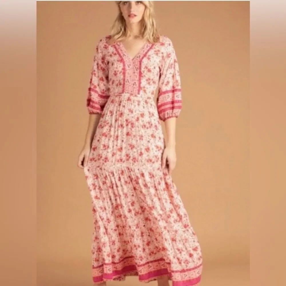 NEW Poupette St Barth White Red Watercolor Mya Ruffled Boho Maxi Long Dress M